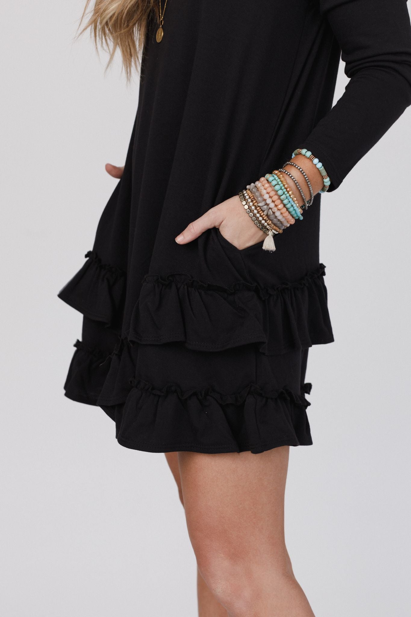 Constance Ruffle Hem Long Sleeve Dress - Black