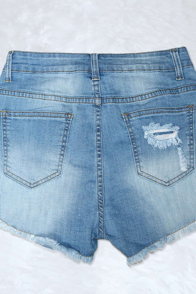 Denim Rhinestone High Waist Pocket Ripped Fringed Shorts