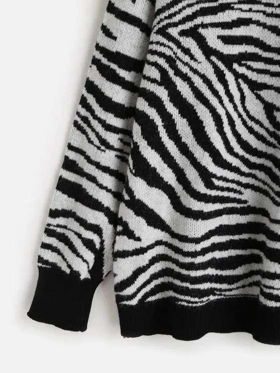 Crew Neck Drop Shoulder Zebra Sweater