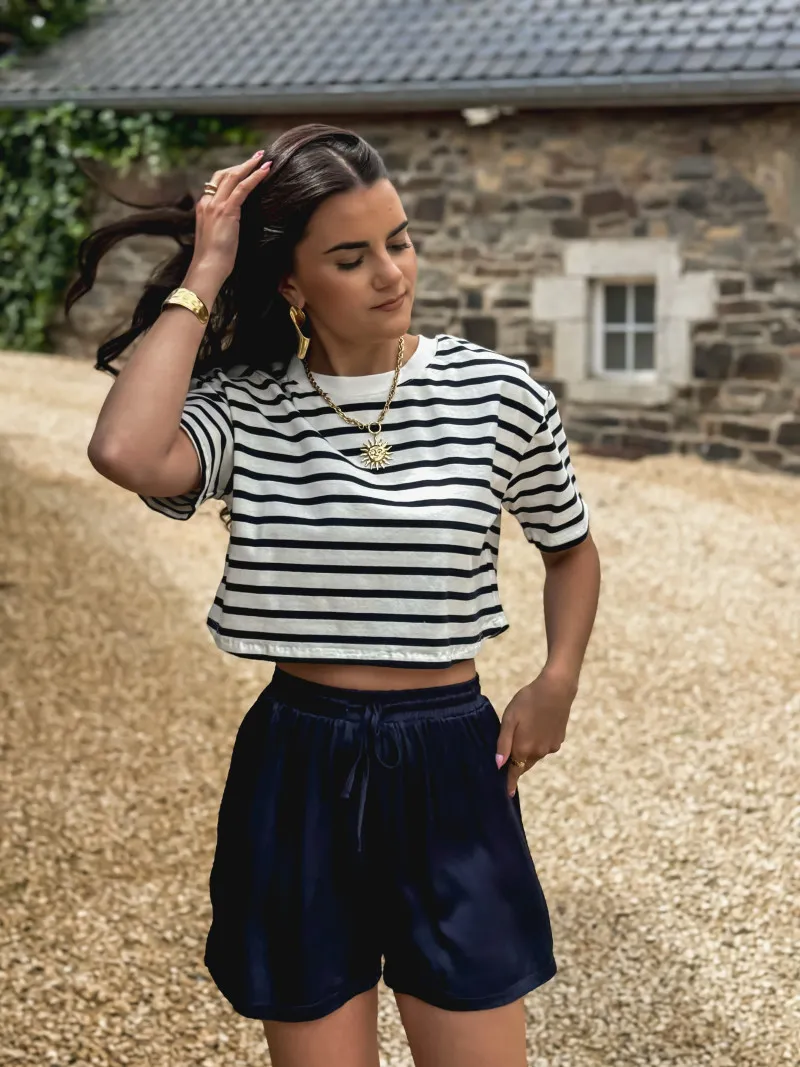 JANE STRIPED CROP T-SHIRT - NAVYWHITE