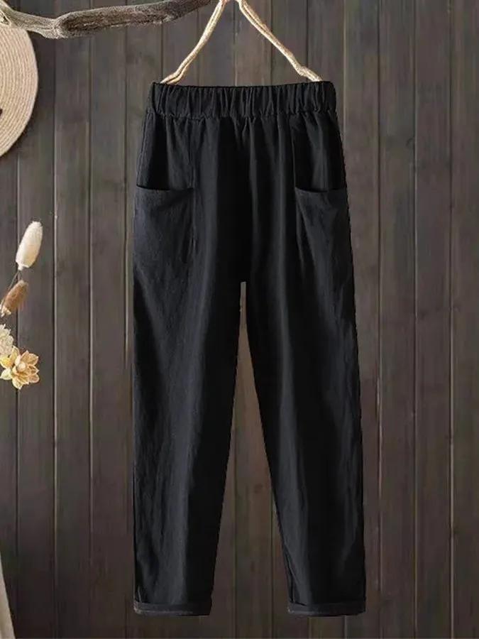 Women's Casual Pure Color Literary Cotton Pants