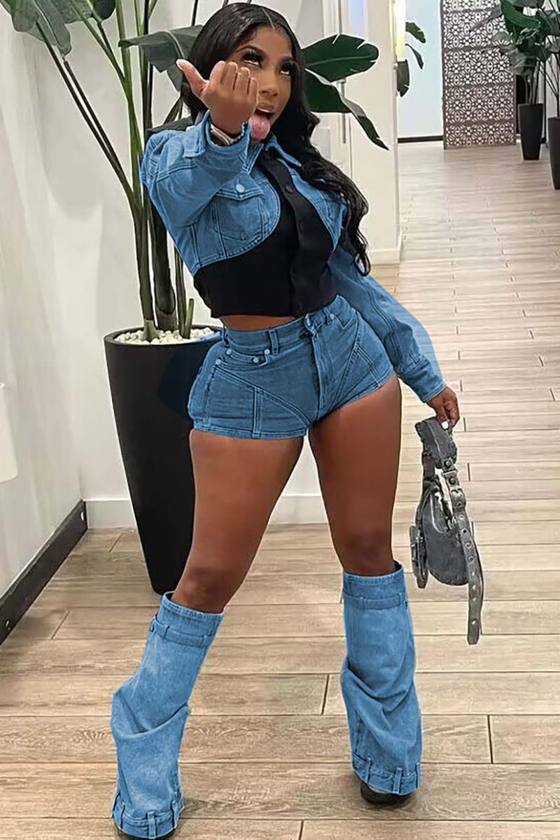 Denim Patchwork Button Long Sleeve Crop Top Pocket Shorts Matching Set