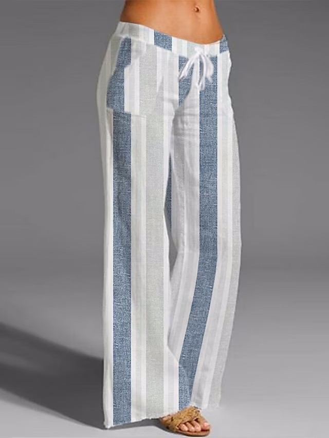 Cotton and Linen Elastic Waist Wide-leg Comfortable Striped Casual Pants