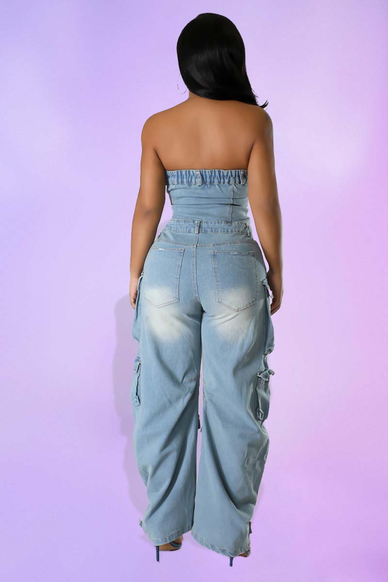 Strapless Denim Multi Pocket Button Cargo Jumpsuit [Pre Order]