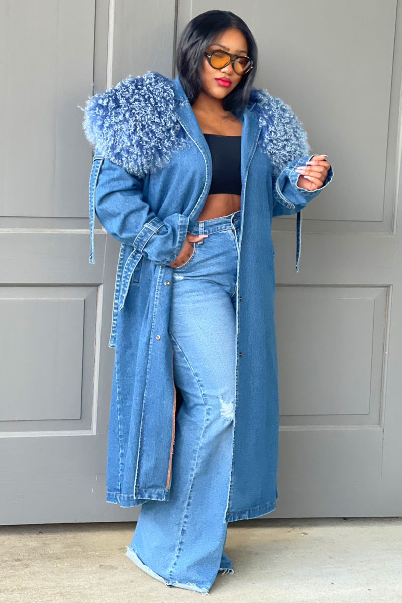 Fluffy Collar Button Tie Waist Denim Trench Coat [Pre Order]