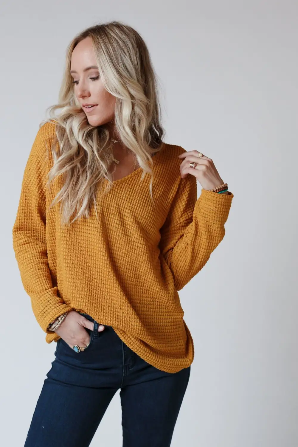 Flattering Open Back Thermal Knit Top - Mustard