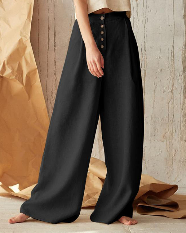 Casual Button Linen Wide-Leg Pants