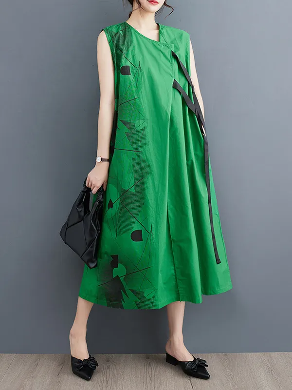 Loose Sleeveless Printed Round-Neck Midi Dresses