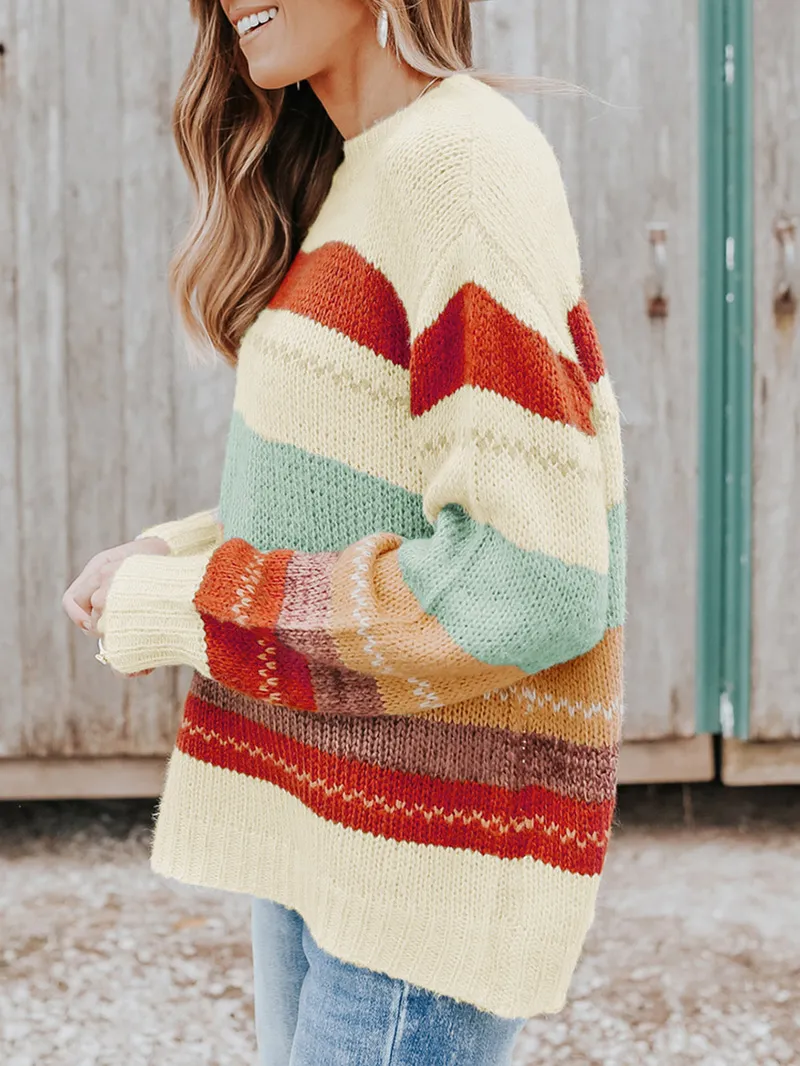 Crew Neck Drop-shoulder Striped Color Block Sweater