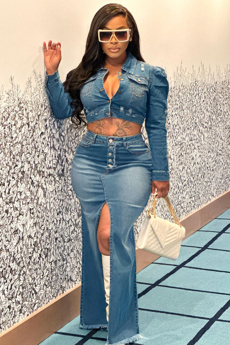 Ripped Denim Button Crop Top Slit Maxi Skirt Two Piece Set [Pre Order]