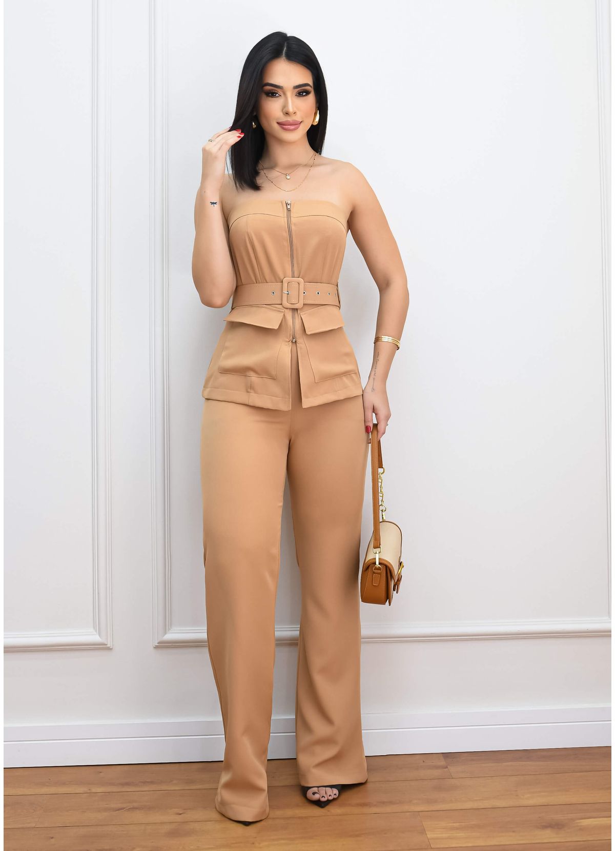 STRAPLESS BELT BLOUSE SET W/ TAILORED PANTS