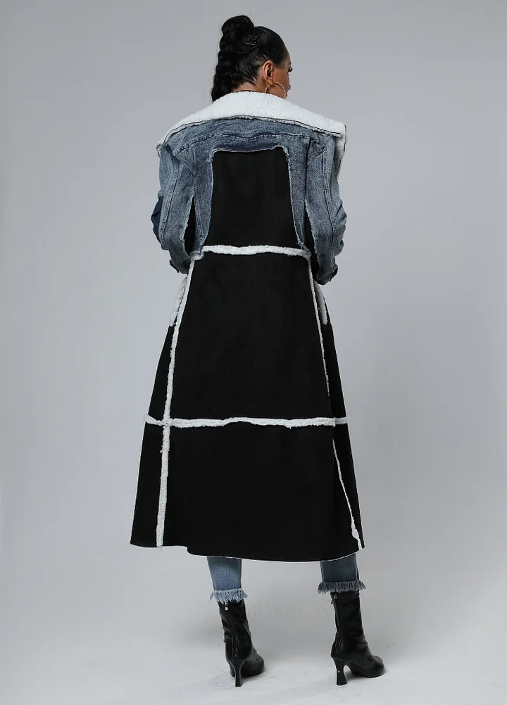 Stitching Fur & Denim Coat Long Outerwear