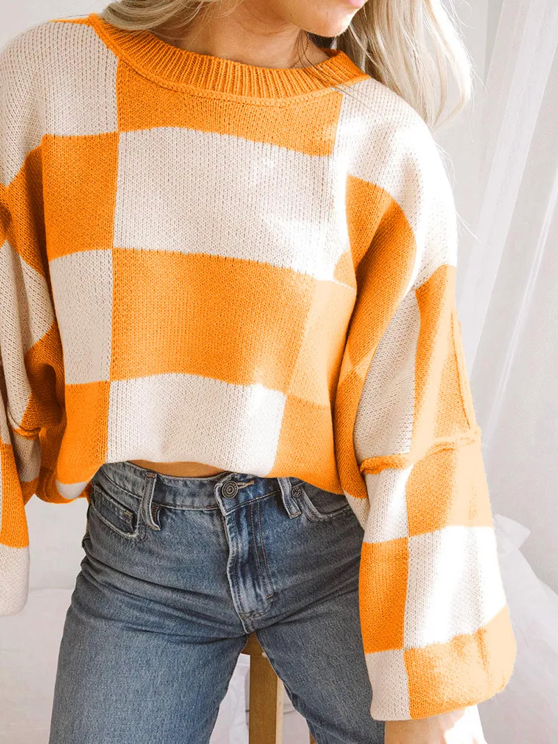 Orange Checkered Bishop Sleeve Sweater