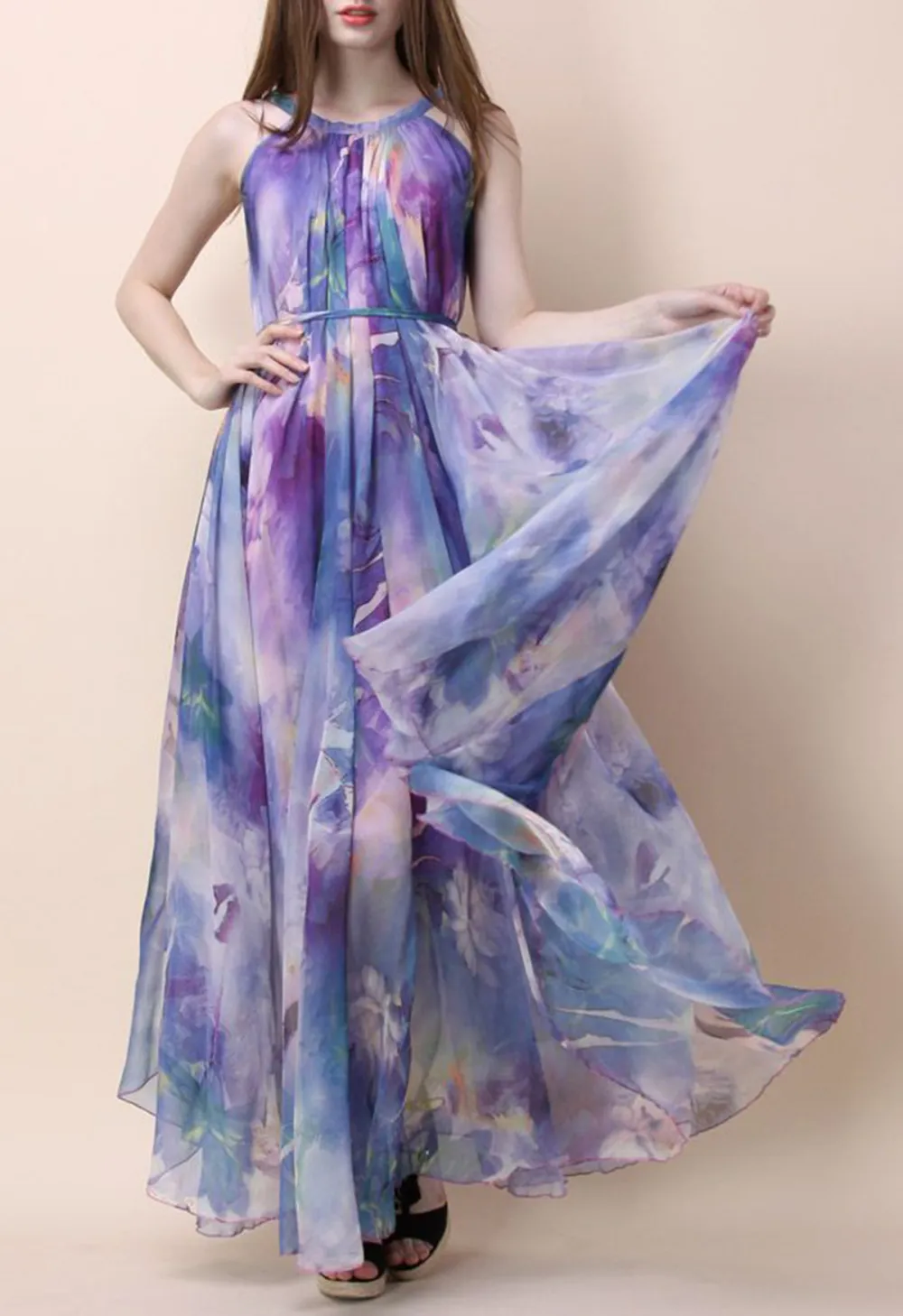 FLORAL WATERCOLOR MAXI SLIP DRESS IN VIOLET