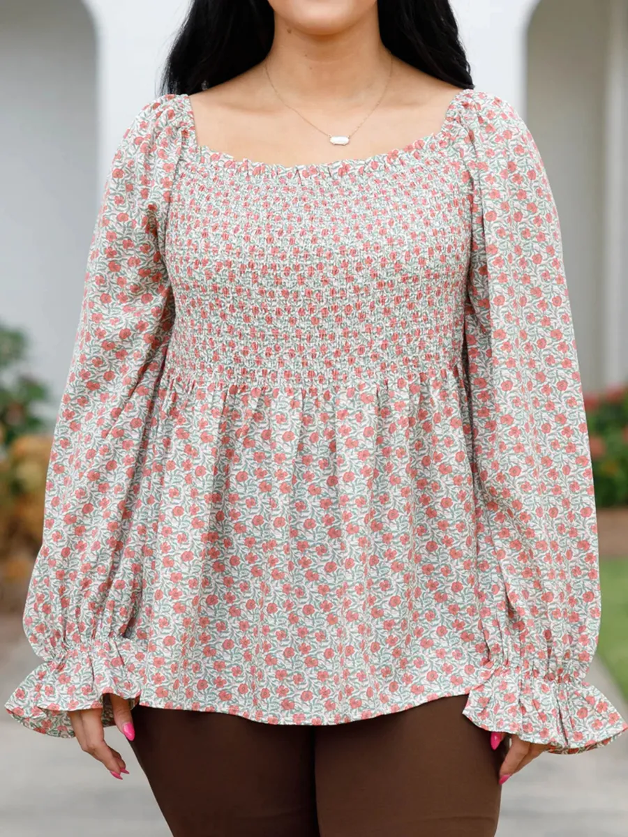 Flower pattern pleated square neck lantern sleeve shirt