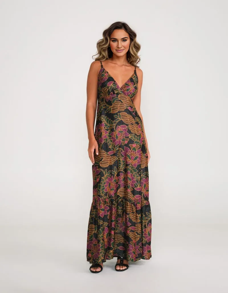 Long Floral Printed Banana Dress - Black