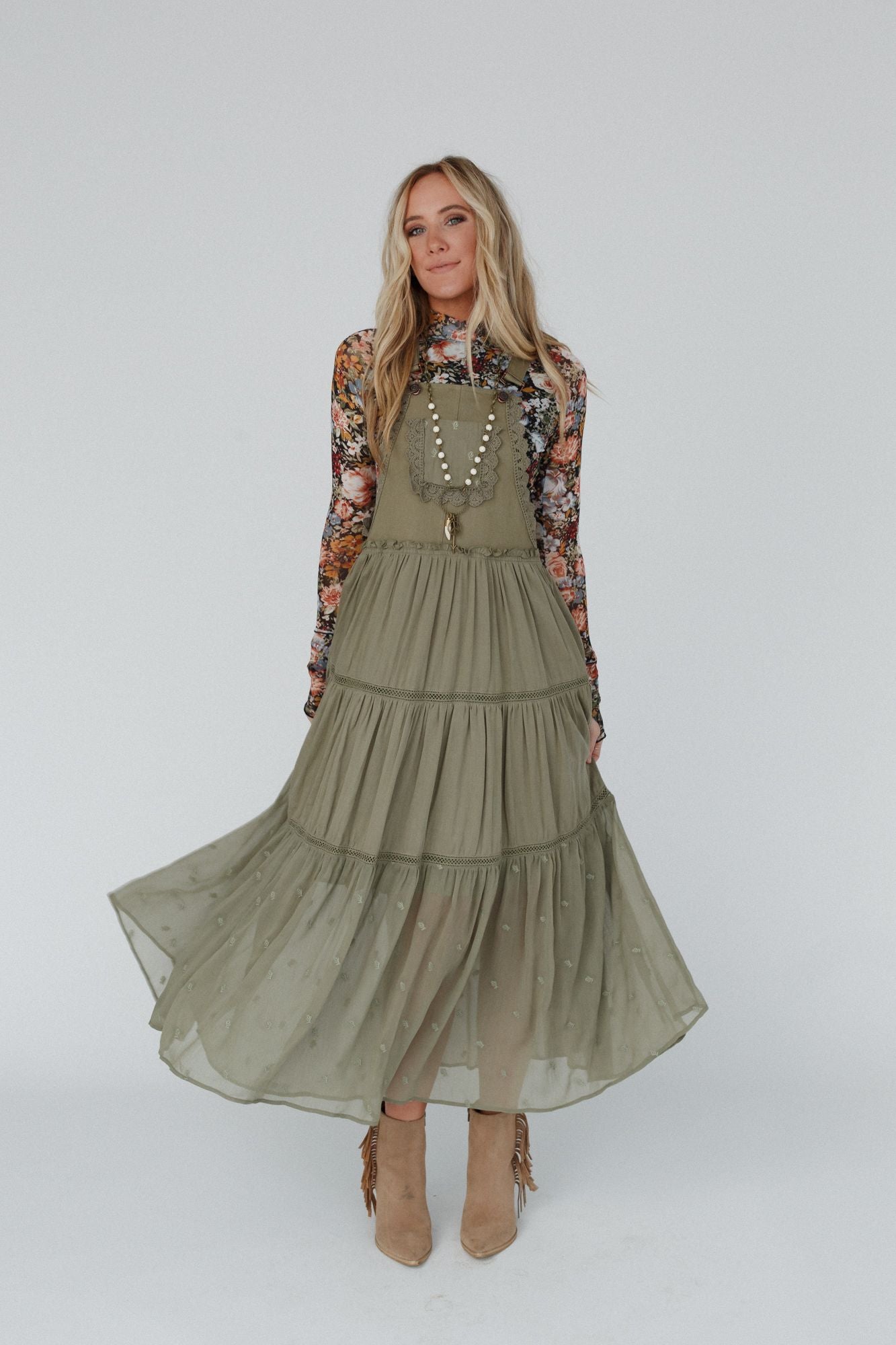 Green Paths Overall Dress - Olive