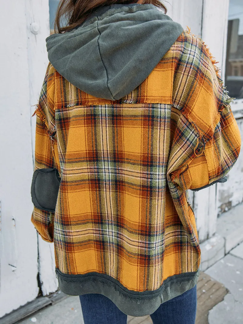 Orange Plaid Patch Hooded Frayed Snap Button Jacket