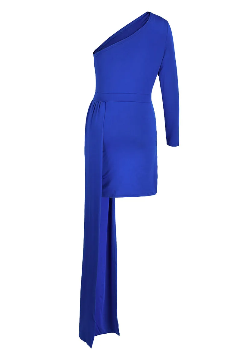 Blue Elegant Solid Patchwork Oblique Collar Pencil Skirt Dresses