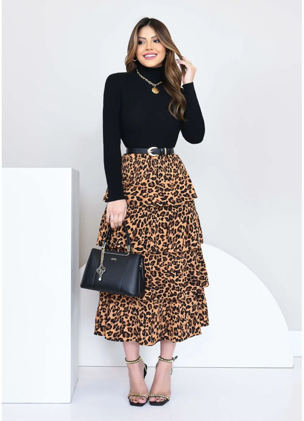 LEOPARD PRINT LAYERED MIDI SKIRT