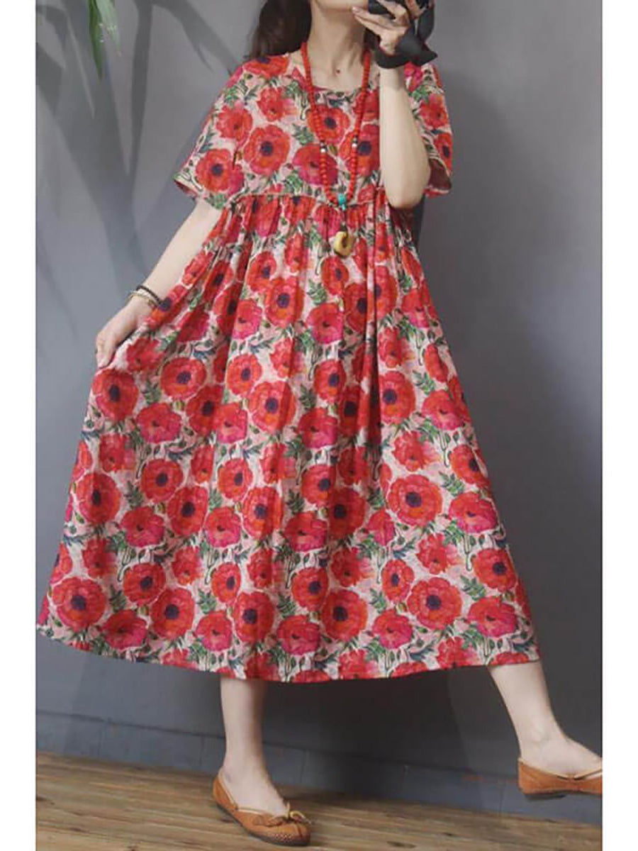 Plus Size - Women Floral Vintage Casual Short Sleeve Dress