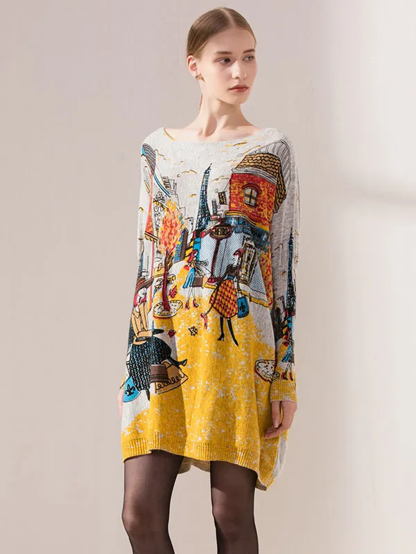 Original Loose Cartoon Printed Round-Neck Long Sleeves Sweater Dress