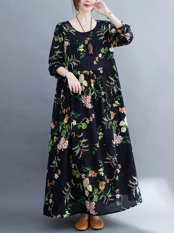 Vacation Long Sleeves Loose Floral Printed Round-Neck Maxi Dresses