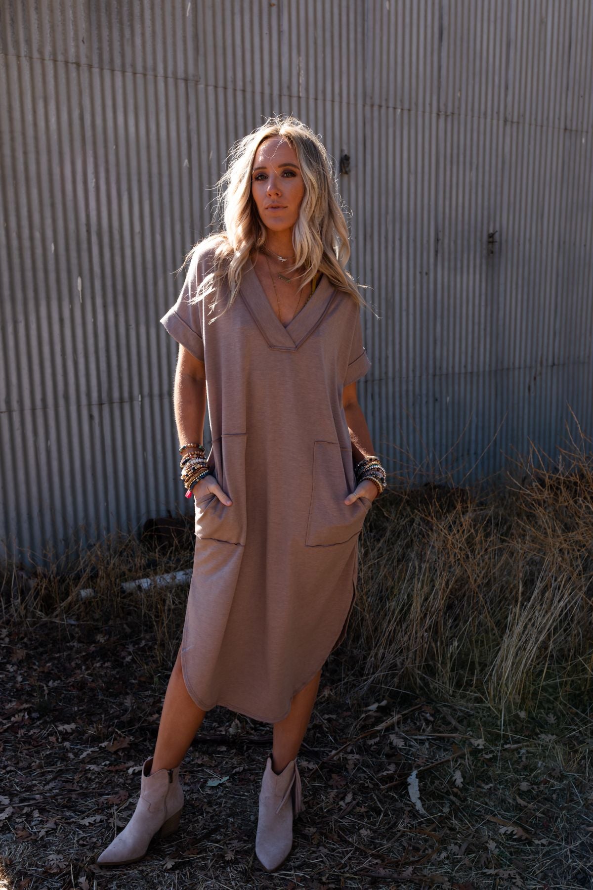 On The Go Round Hem Pocketed Midi Dress - Coco