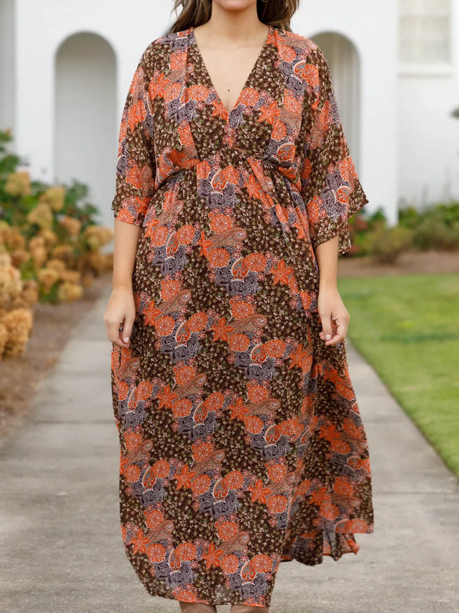 Fragmented floral pattern loose fitting long dress