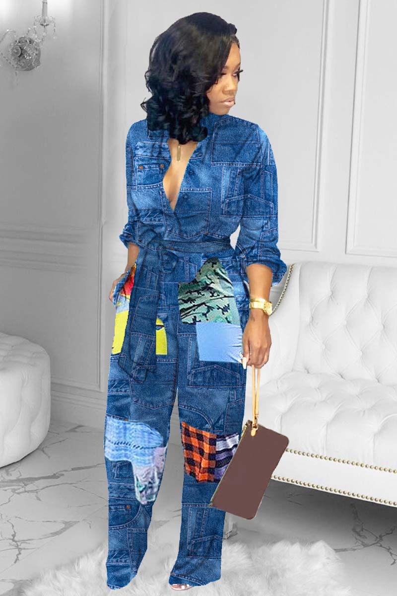 Faux Denim Patchwork Print Long Sleeve High Waist Tie Up Wide Leg Jumpsuit