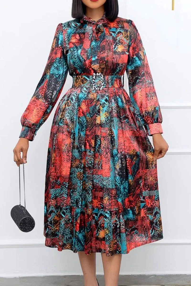 Red Elegant Print Patchwork With Belt O Neck A Line Dresses