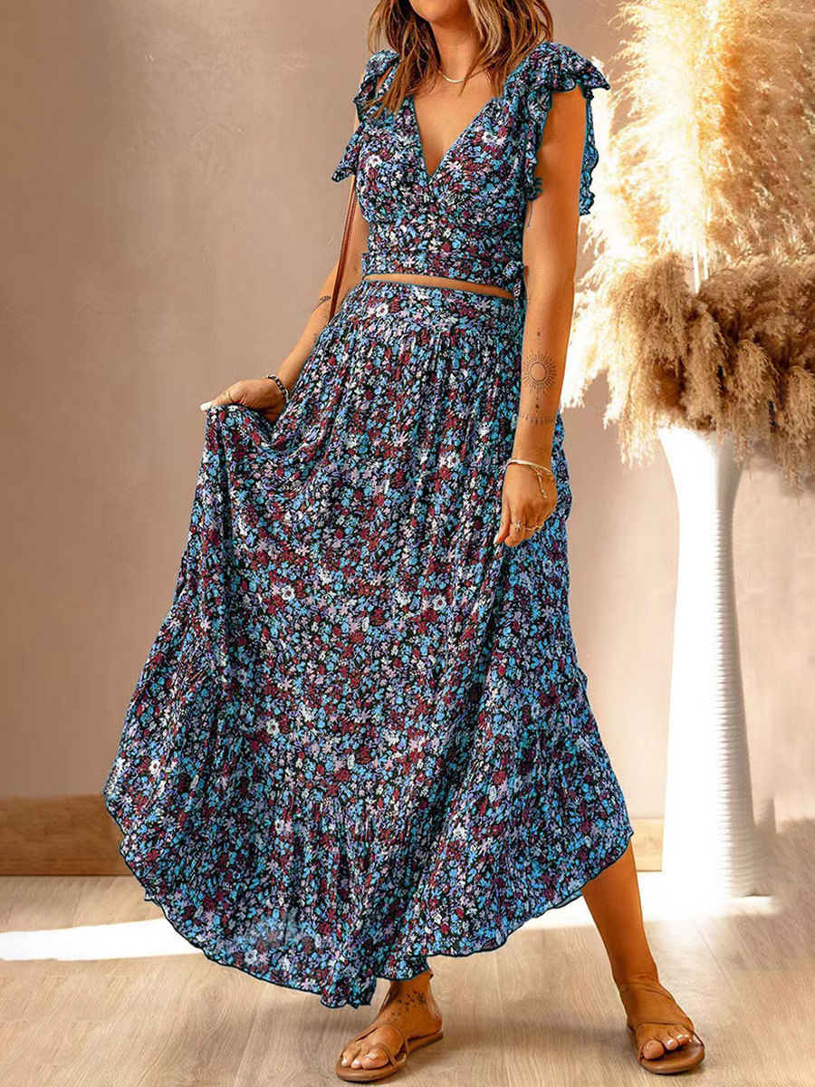 Summer V-Neck Pullover Floral Two Piece Dress