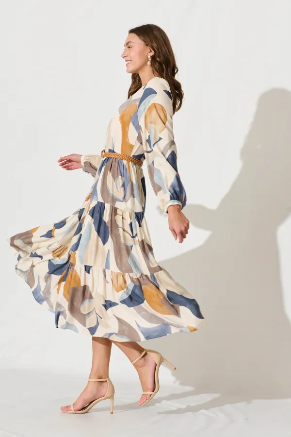 Lolita Midi Smock Dress In Multi Swirl Linen Blend