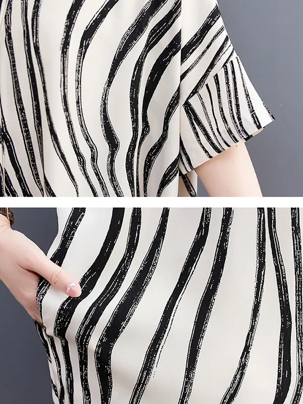 Raglan Sleeve Oversize Zebra-Stripe Split-Joint Lapel Midi Dresses Shirt Dress