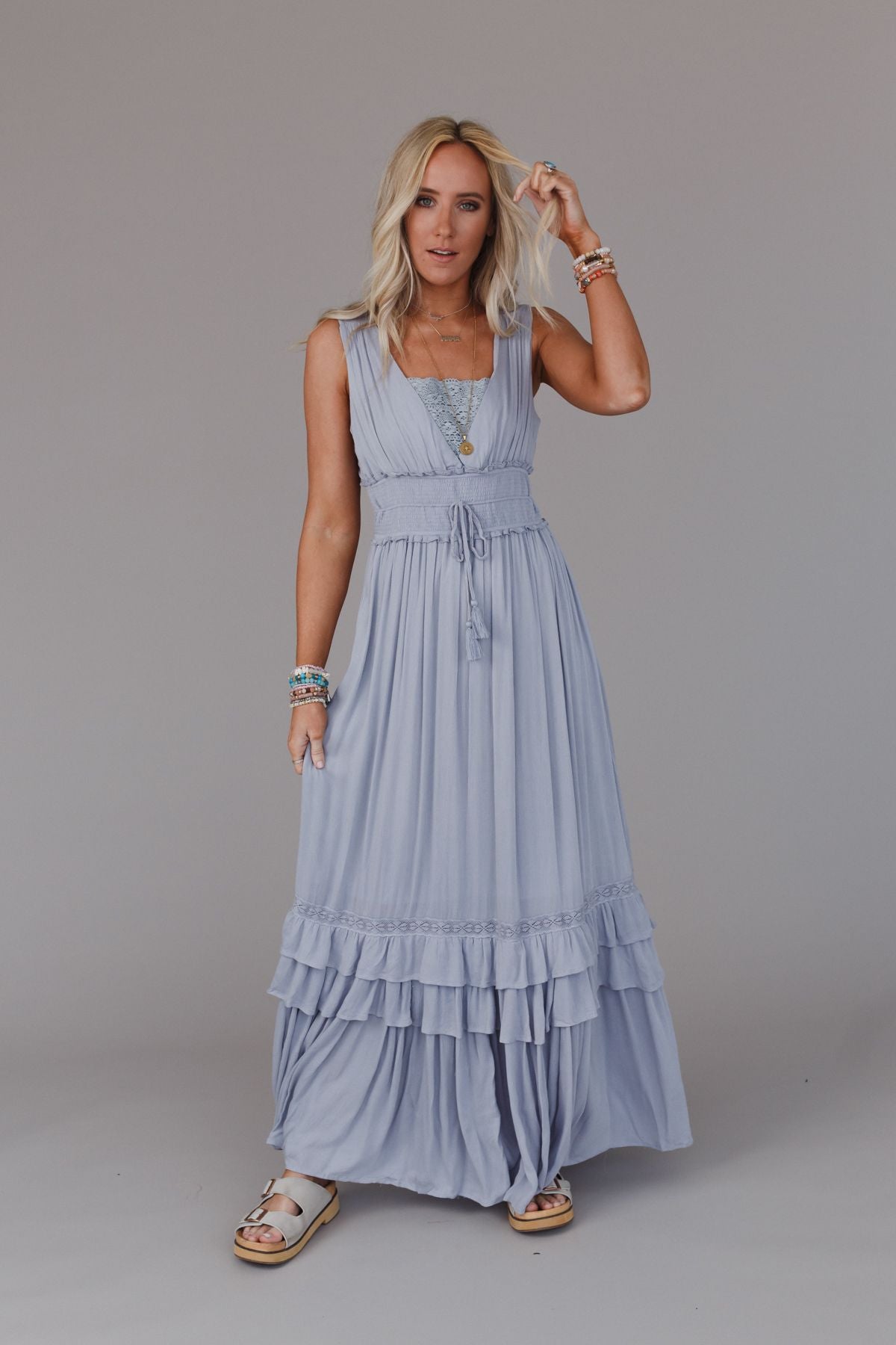 Santa Maria Tiered Lace Maxi Dress - Washed Gray