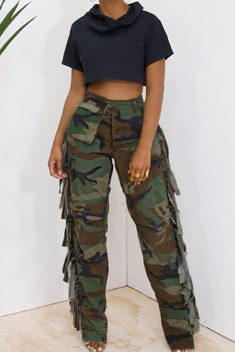 Fringed Camo Print Tied Waist Pocket Casual Pants