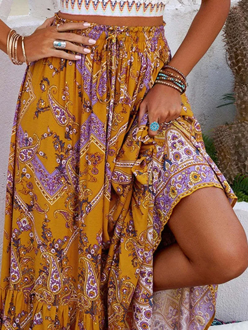 FLORAL PRINT RUFFLED DRAWSTRING MAXI SKIRT