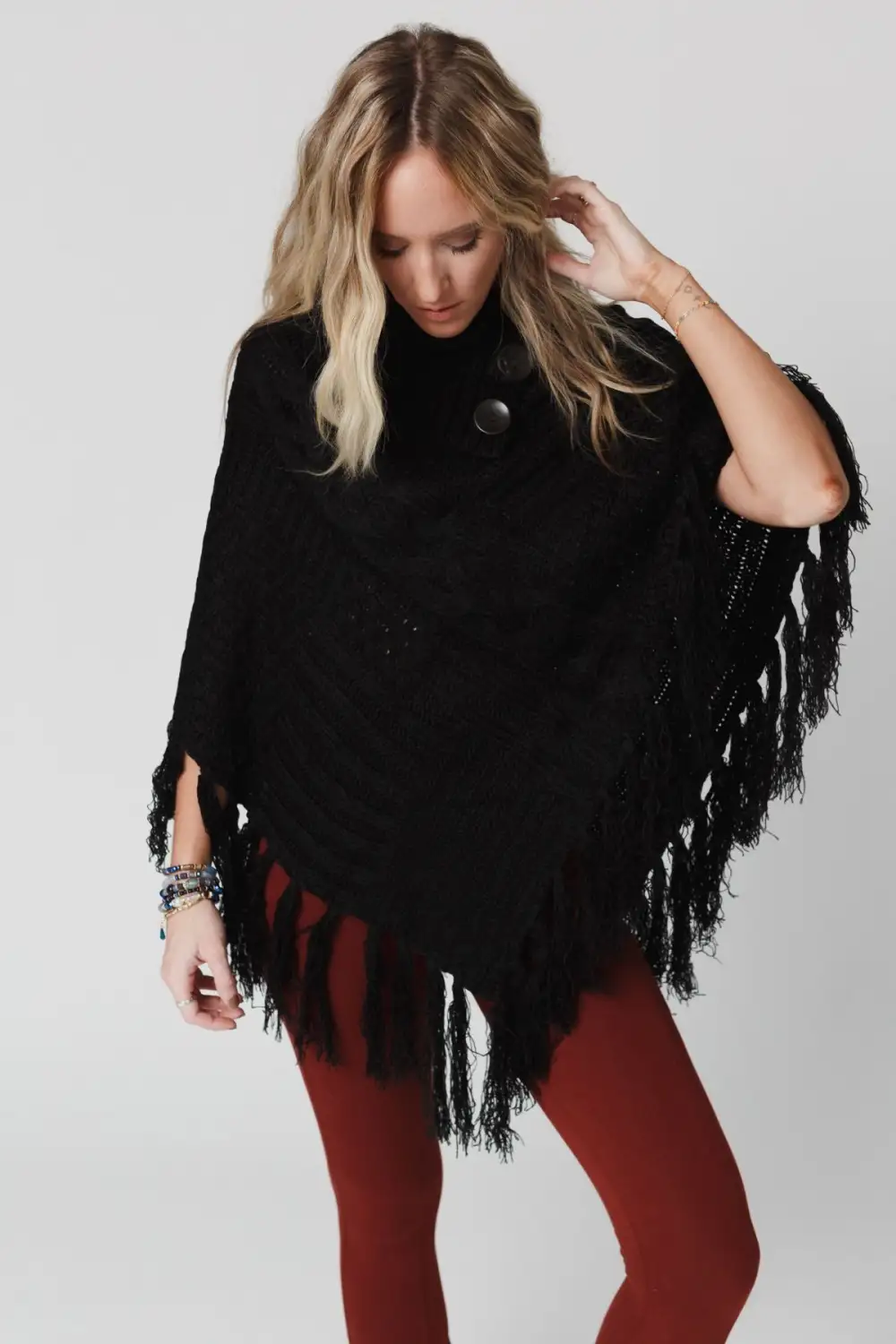 Cozy Cabin Turtleneck Poncho - Black