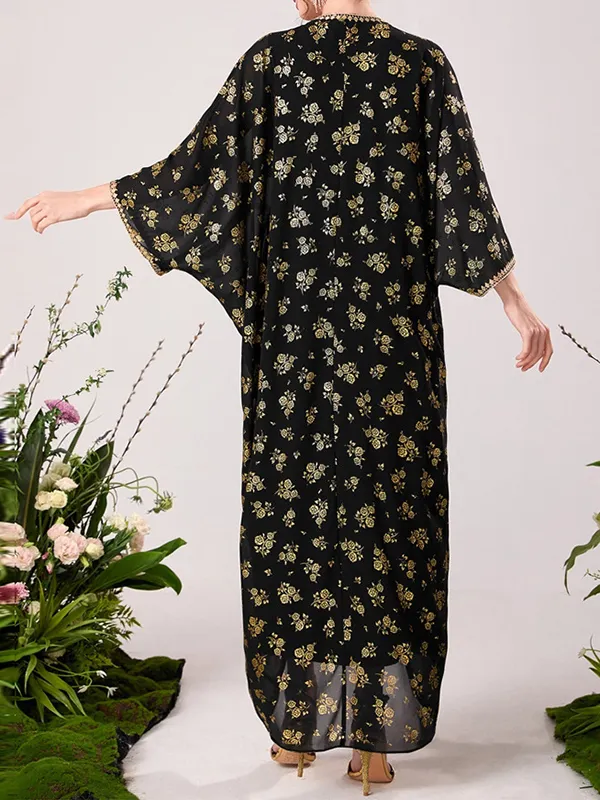 Muslim High Waisted Round-Neck Inner Dress + Flower Print Gauze Batwing Sleeves Outerwear Two Pieces Set