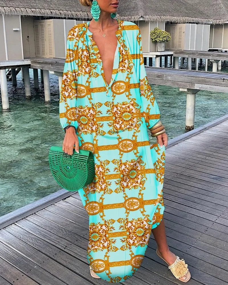 Women Printed V-Neck Long Sleeve Long Dress