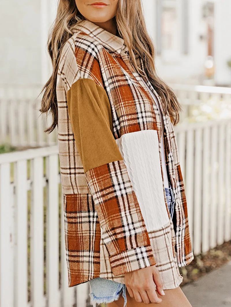 Orange Plaid Color Block Patchwork Shirt Jacket with Pocket