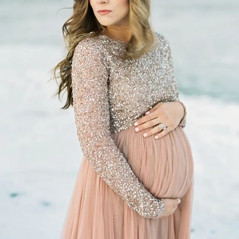 Spring Summer Pregnant Mother Pregnant Women Large Sequin Mesh Dress