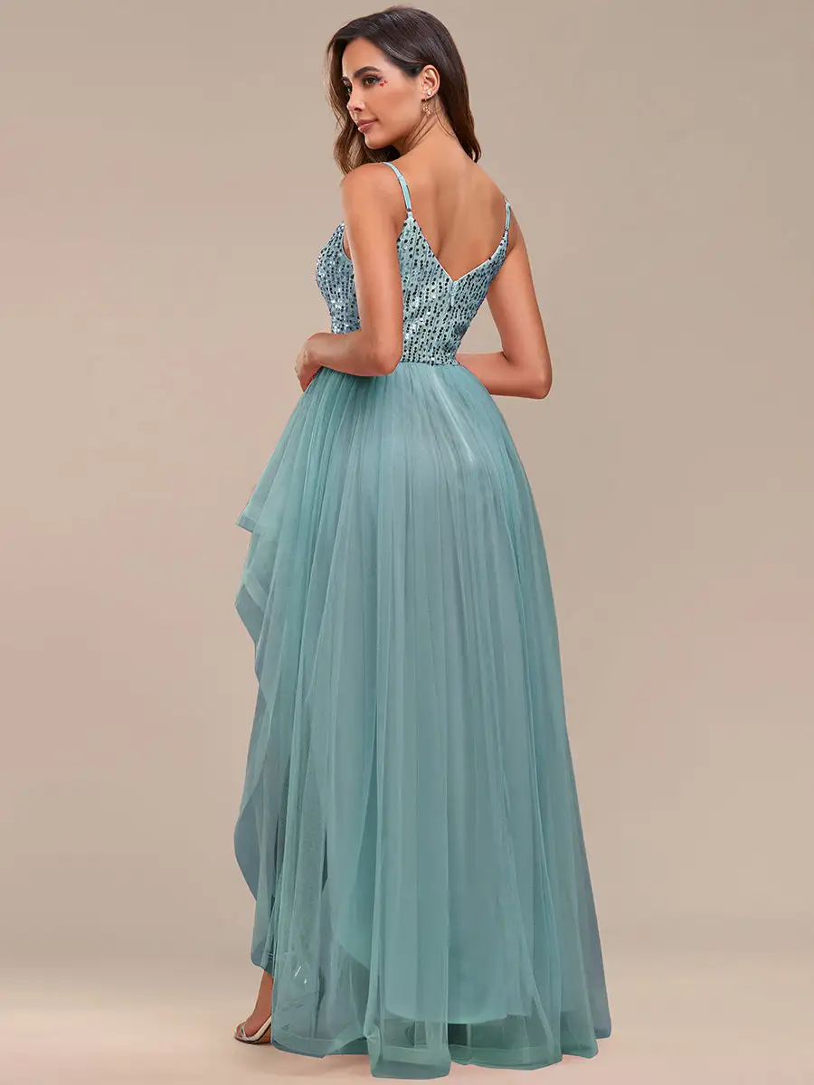 Spaghetti Straps Asymmetric Wholesale Sequin Tulle Evening Dresses