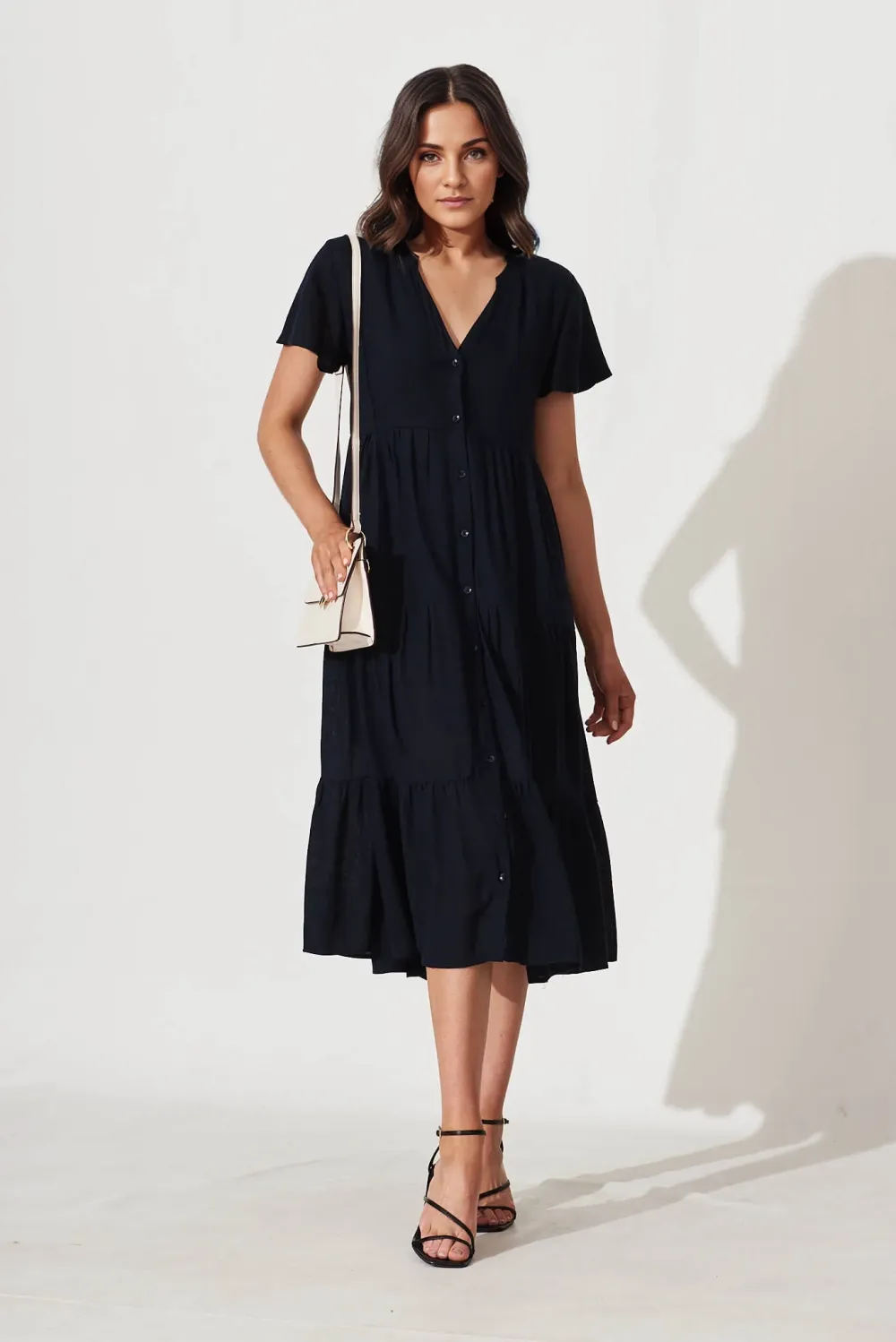 Marvela Midi Shirt Dress In Navy Linen Blend