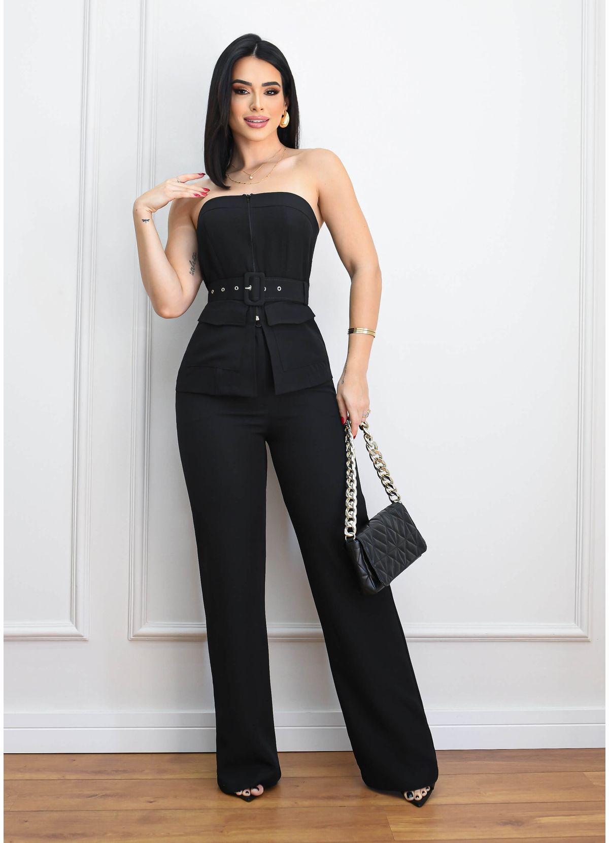 STRAPLESS BELT BLOUSE SET W/ TAILORED PANTS