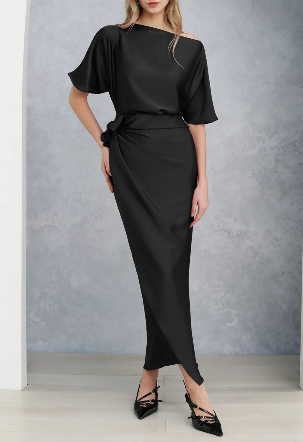 SATIN SHORT-SLEEVE WRAPPED WAIST MAXI DRESS IN BLACK