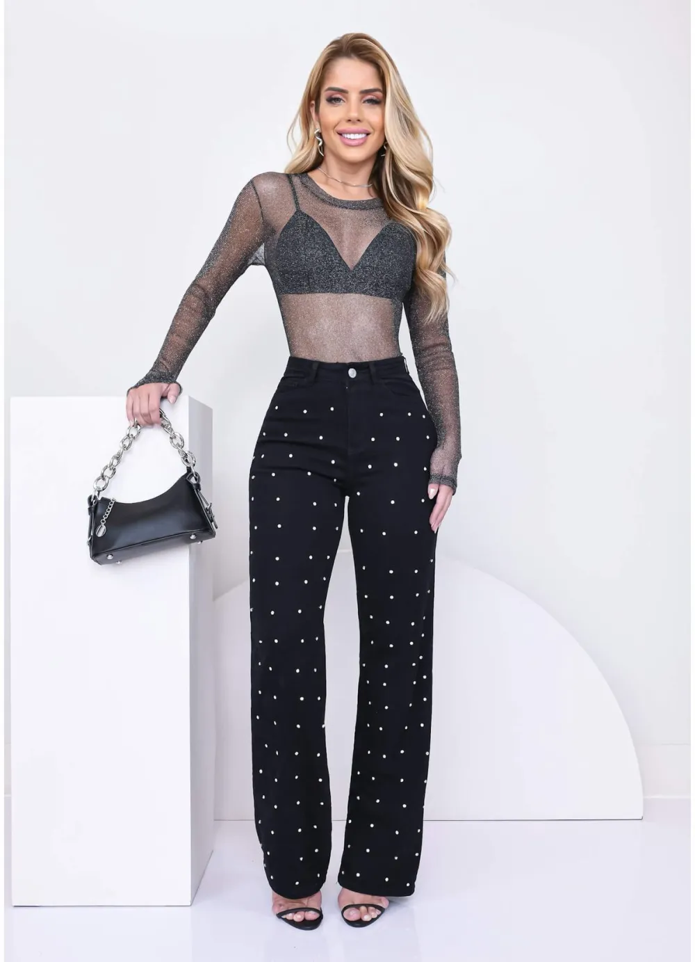 WIDE LEG SILVER STRASS PANTS