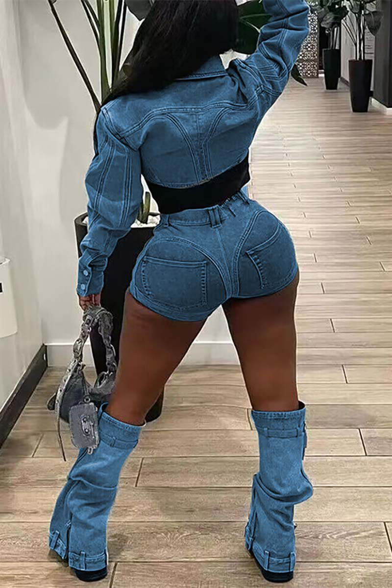 Denim Patchwork Button Long Sleeve Crop Top Pocket Shorts Matching Set