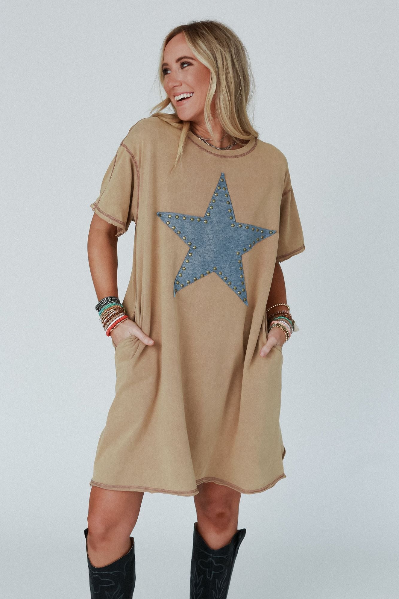 Celestial Star Patch Tee Dress - Latte