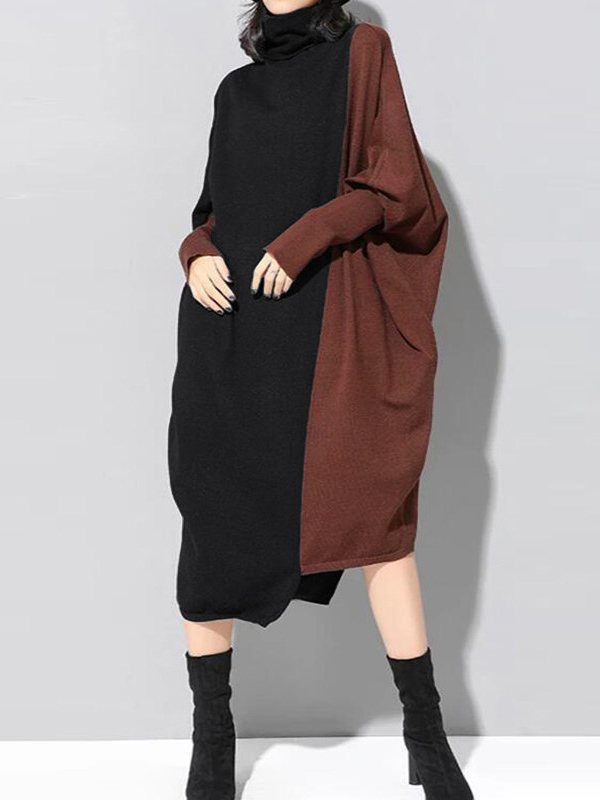 Casual Loose Split-Joint Contrast Color High-Neck Long Sleeves Dress